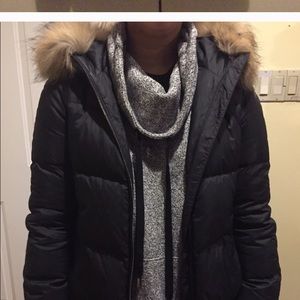 Theory down jacket with raccoon fur hood